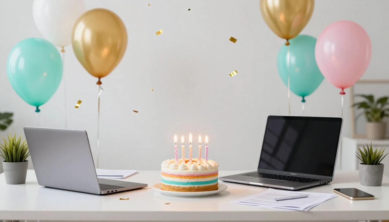 A festive and modern office desk scene celebrating a birthda...