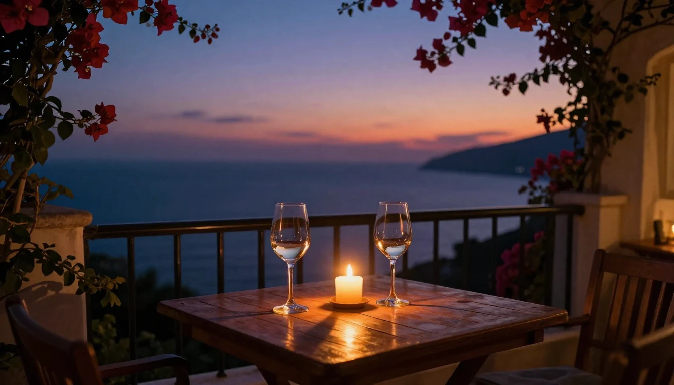A cozy, dimly lit balcony overlooking a Mediterranean coastl...