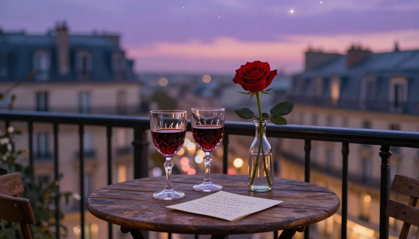 A highly romantic and intimate scene set on a small balcony ...