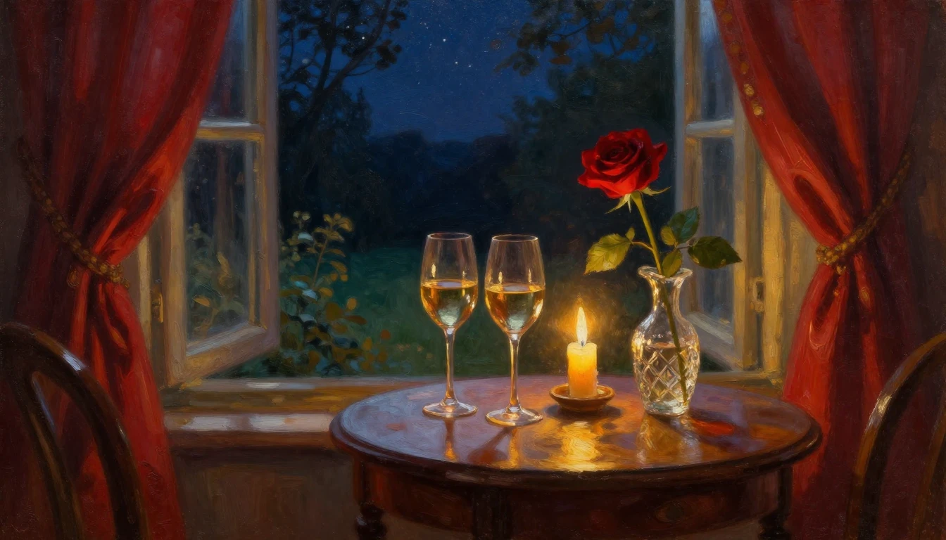 An evocative oil painting of a cozy, dimly lit room overlook...