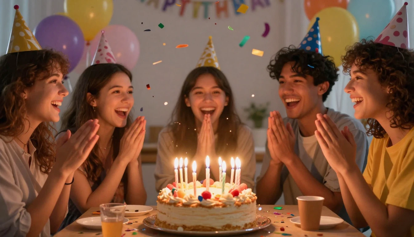 A joyful birthday celebration scene, a beautifully decorated...