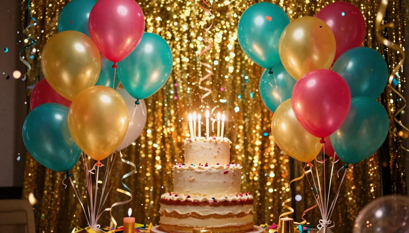 A vibrant explosion of festive elements featuring colorful b...