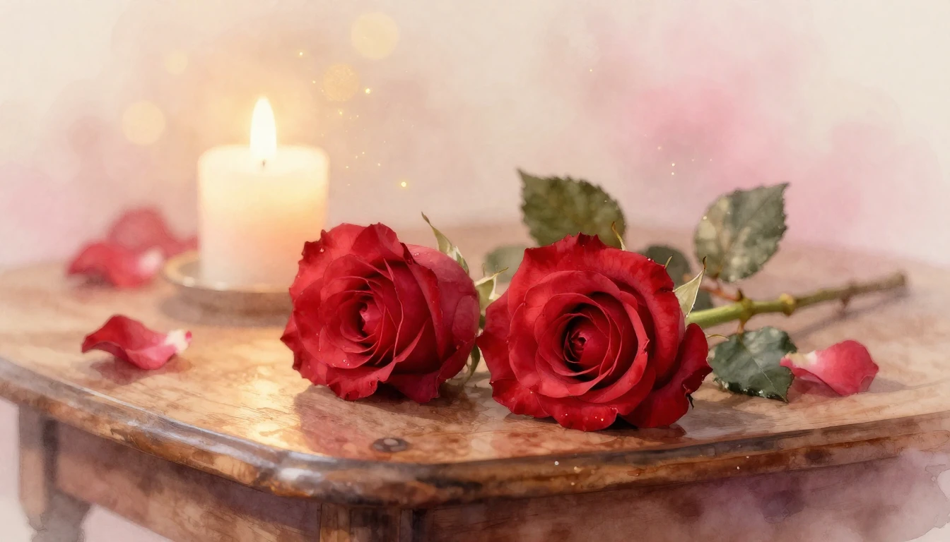 A dreamy watercolor painting of two delicate red roses resti...