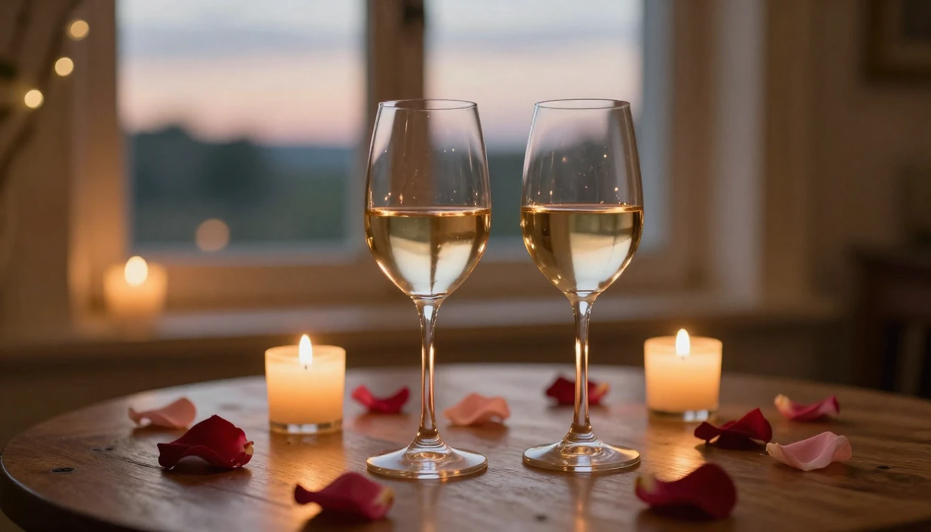 A serene and romantic scene featuring two elegant glasses of...