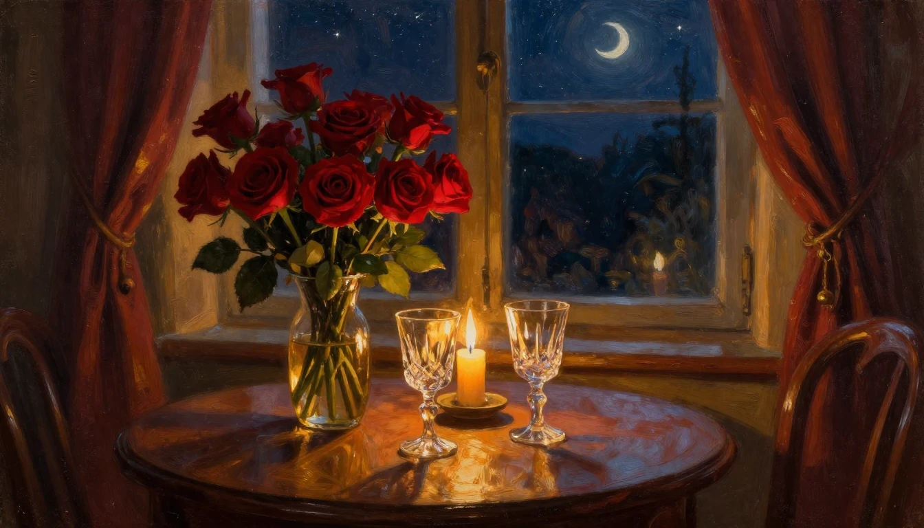 A lush oil painting of a cozy, candlelit room at dusk. On a ...