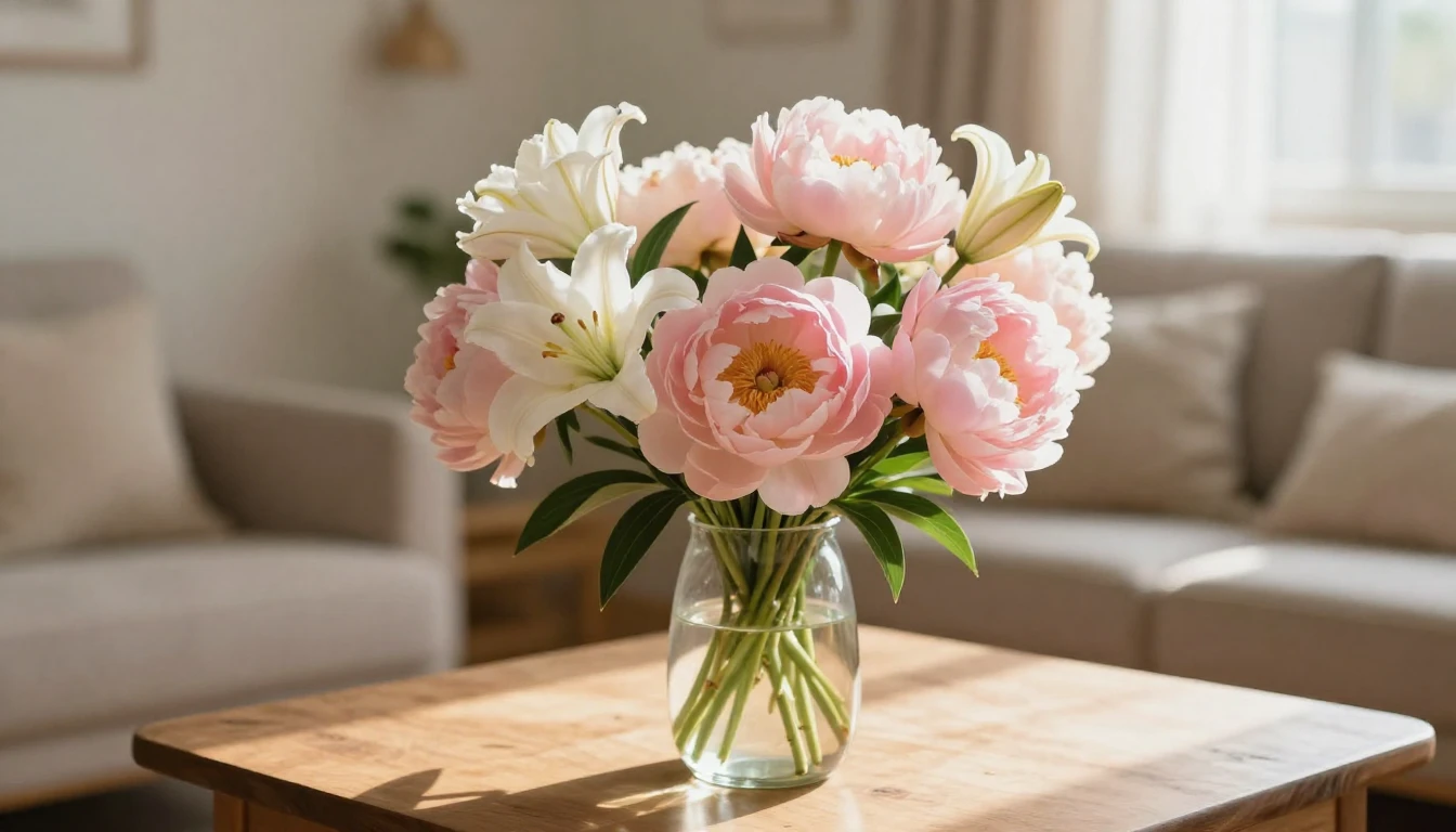 A beautiful bouquet of soft pink peonies and white lilies in...