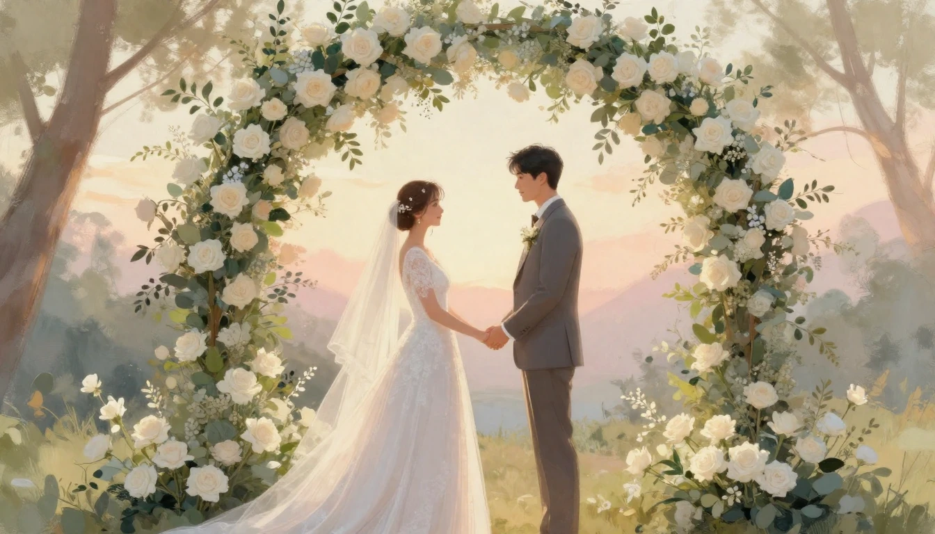 A soft and romantic scene of a bride and groom standing unde...