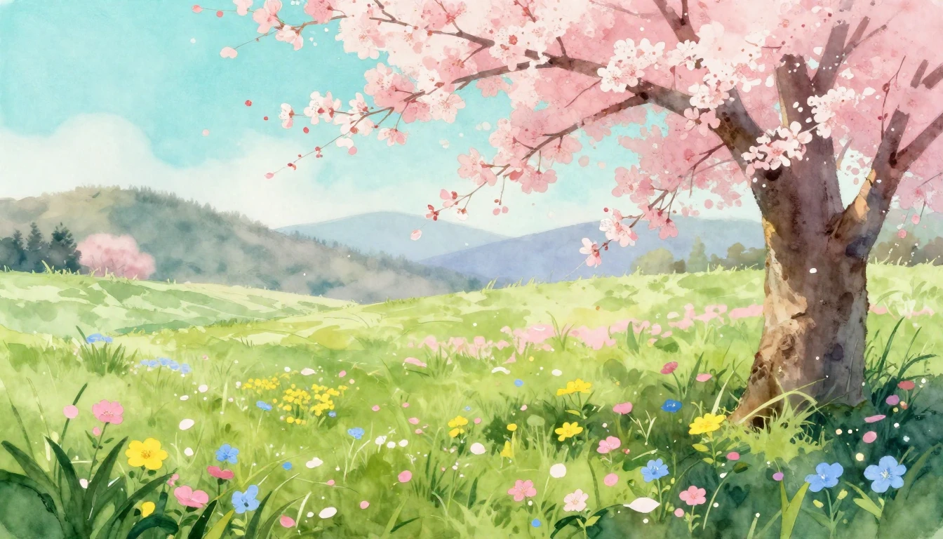 A vibrant watercolor painting of a lush meadow in early spri...