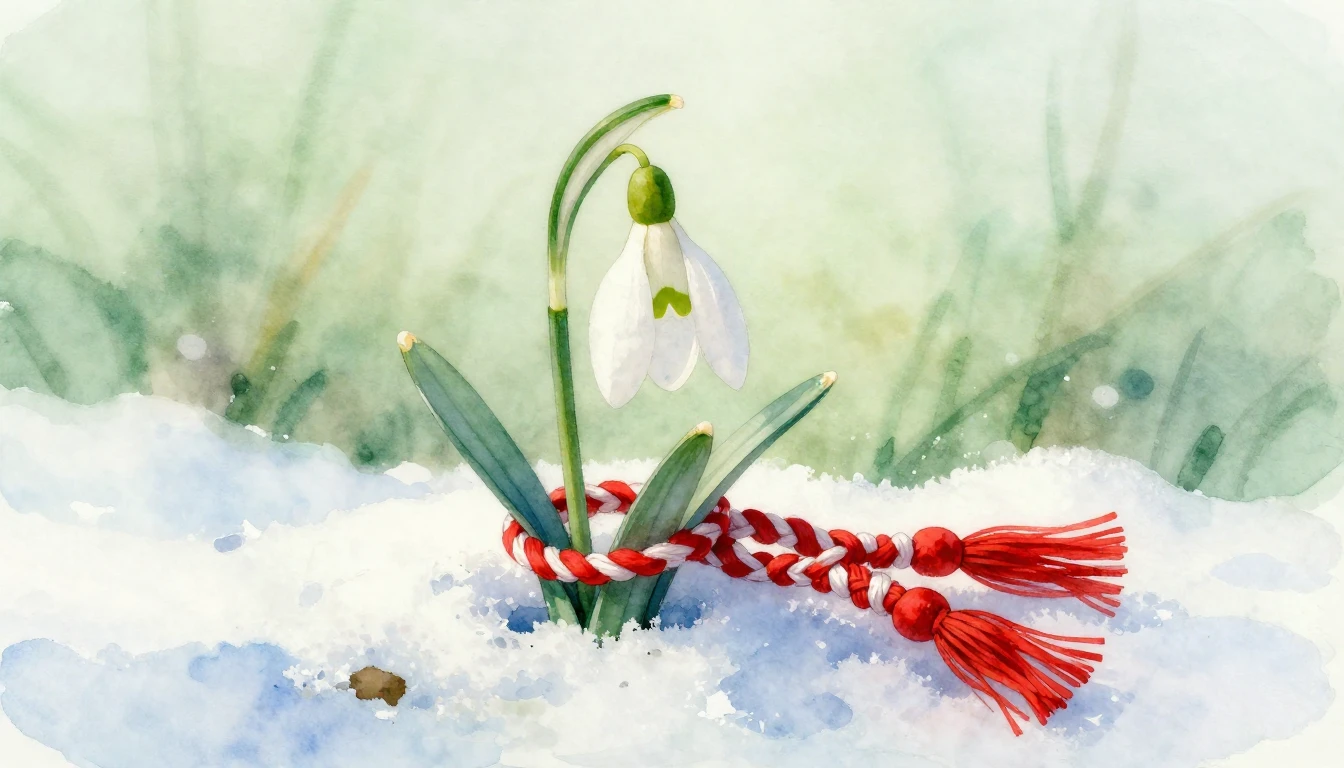 A delicate watercolor painting of a snowdrop flower emerging...