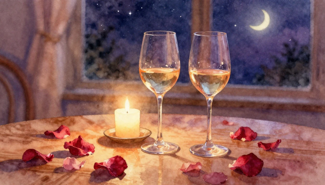 A soft watercolor painting depicting two elegant wine glasse...