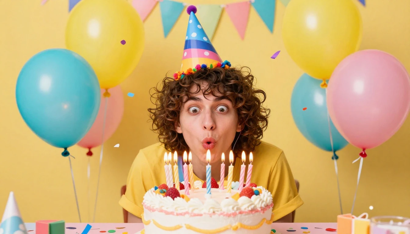 A vibrant and humorous birthday party scene featuring a funn...