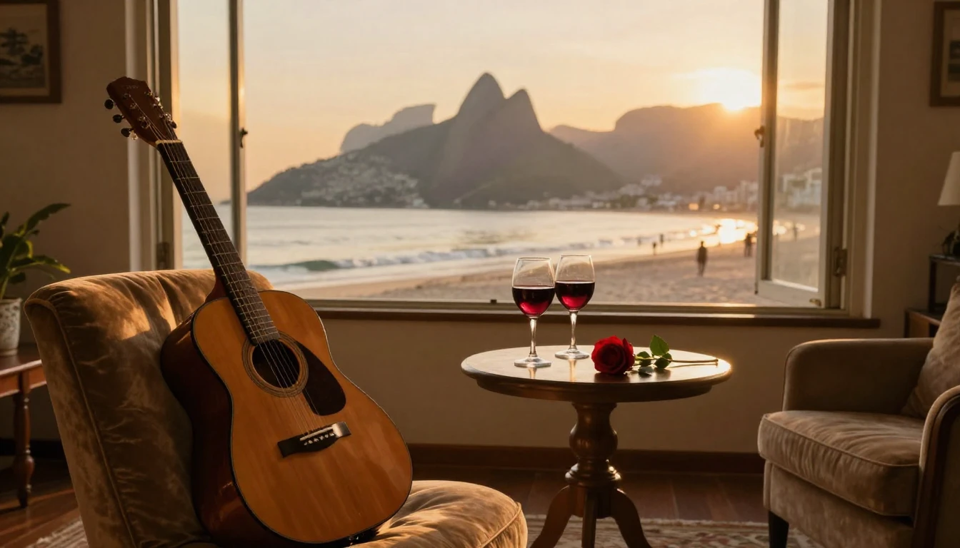 A romantic and intimate scene featuring a cozy living room w...