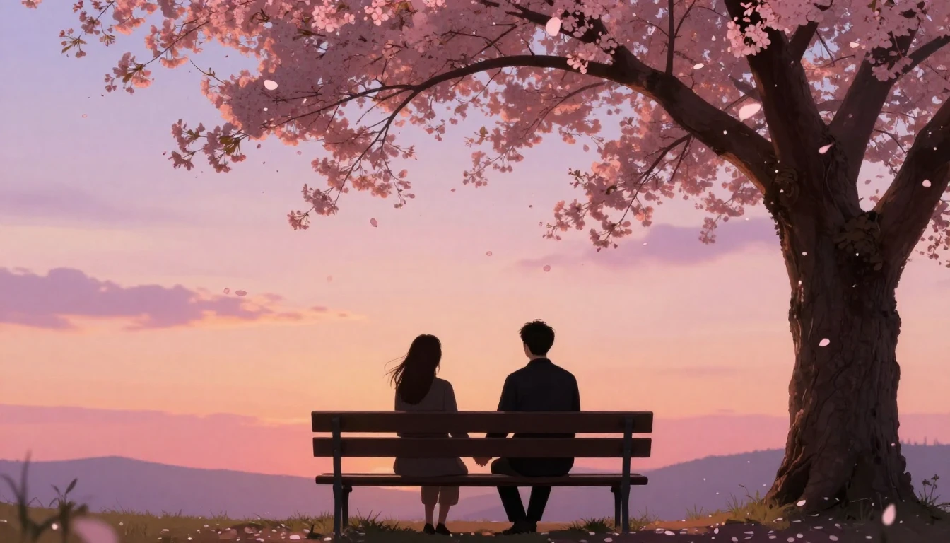 A romantic scene featuring two silhouettes of a couple holdi...