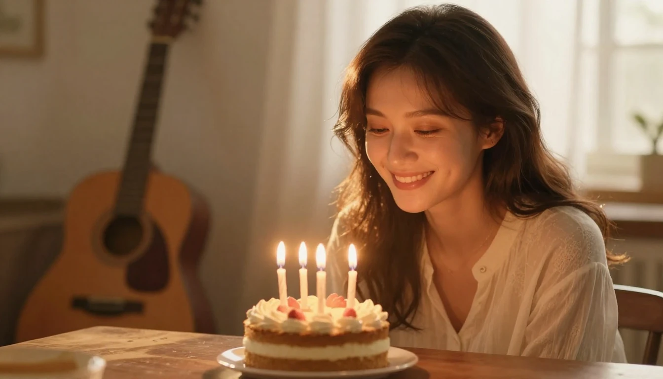 A warm, heartwarming scene of a loving mother smiling gently...