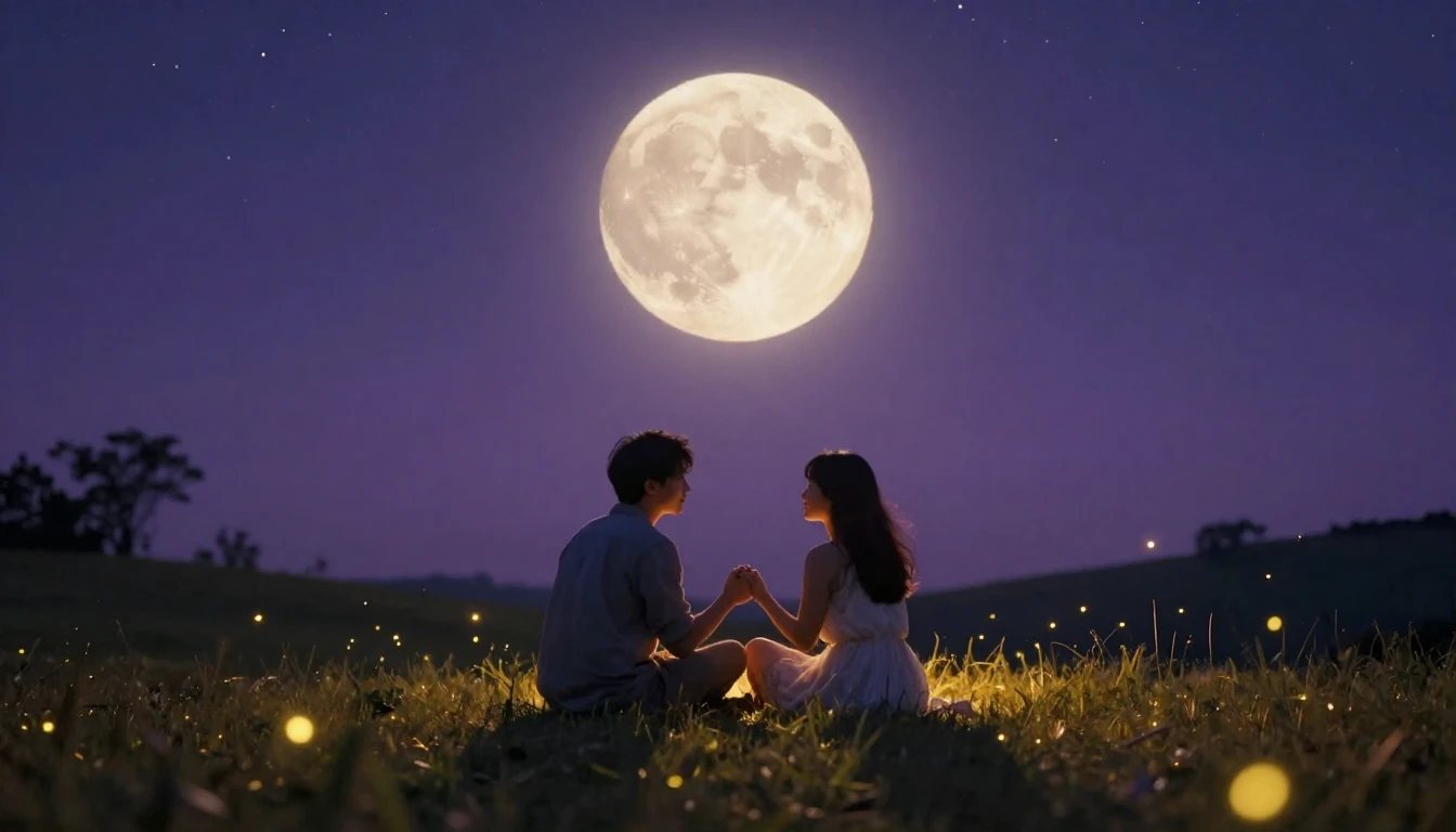 A romantic scene featuring a couple sitting on a grassy hill...