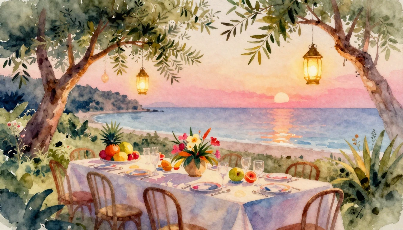 A vibrant and airy watercolor painting of a coastal garden p...