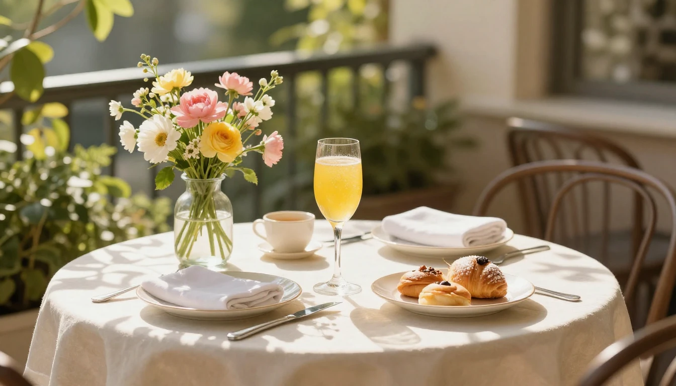 A beautifully set brunch table on a sun-drenched terrace. Th...