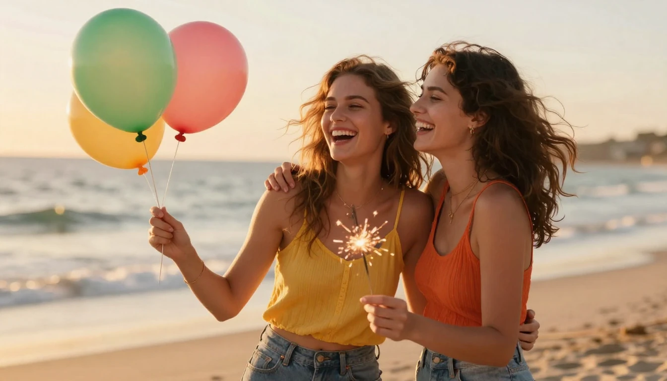 Two young women laughing together on a sunny beach at sunset...