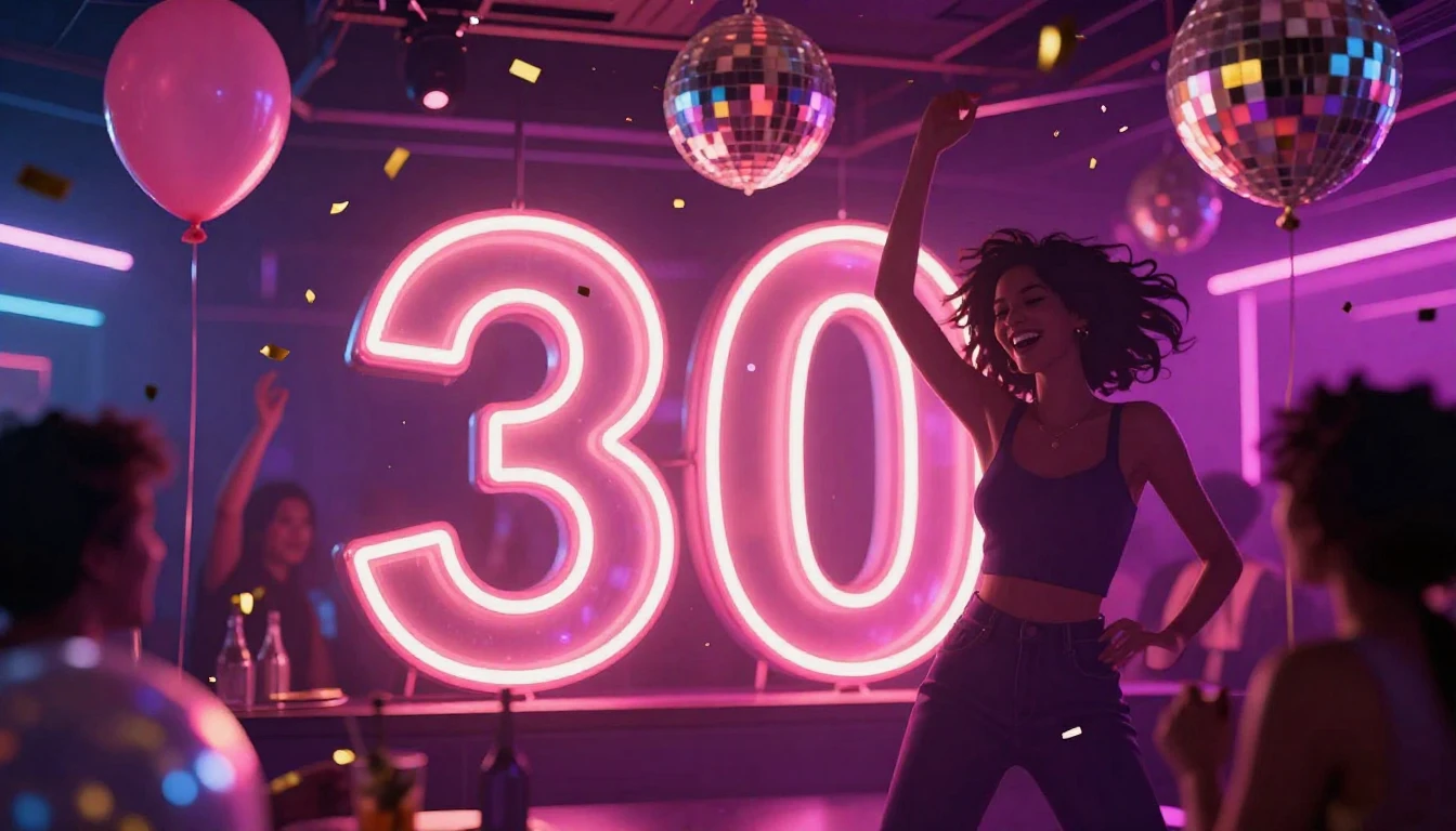 A vibrant party atmosphere celebrating a 30th birthday, neon...