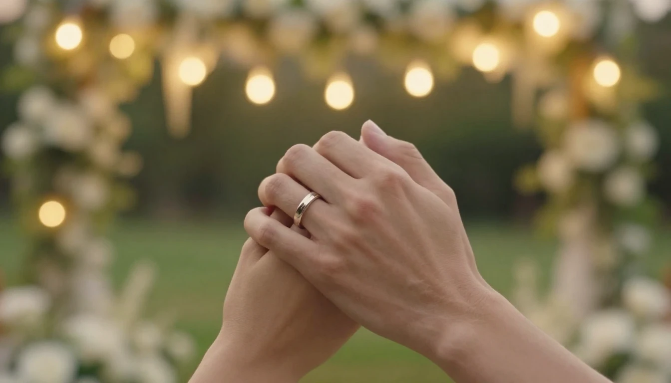 A cinematic, soft-focus close-up of two hands holding each o...