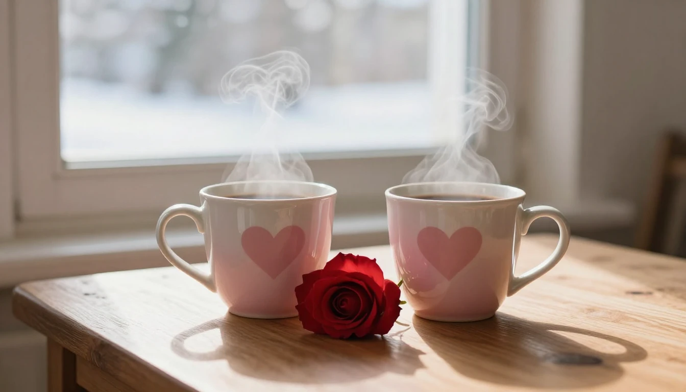 A soft and romantic composition depicting a cozy wooden tabl...