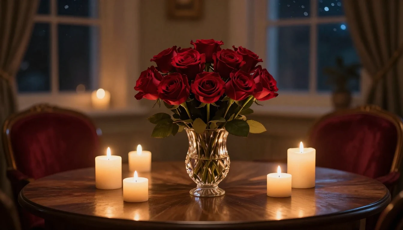 A high-detail cinematic scene of a cozy, dimly lit room. On ...