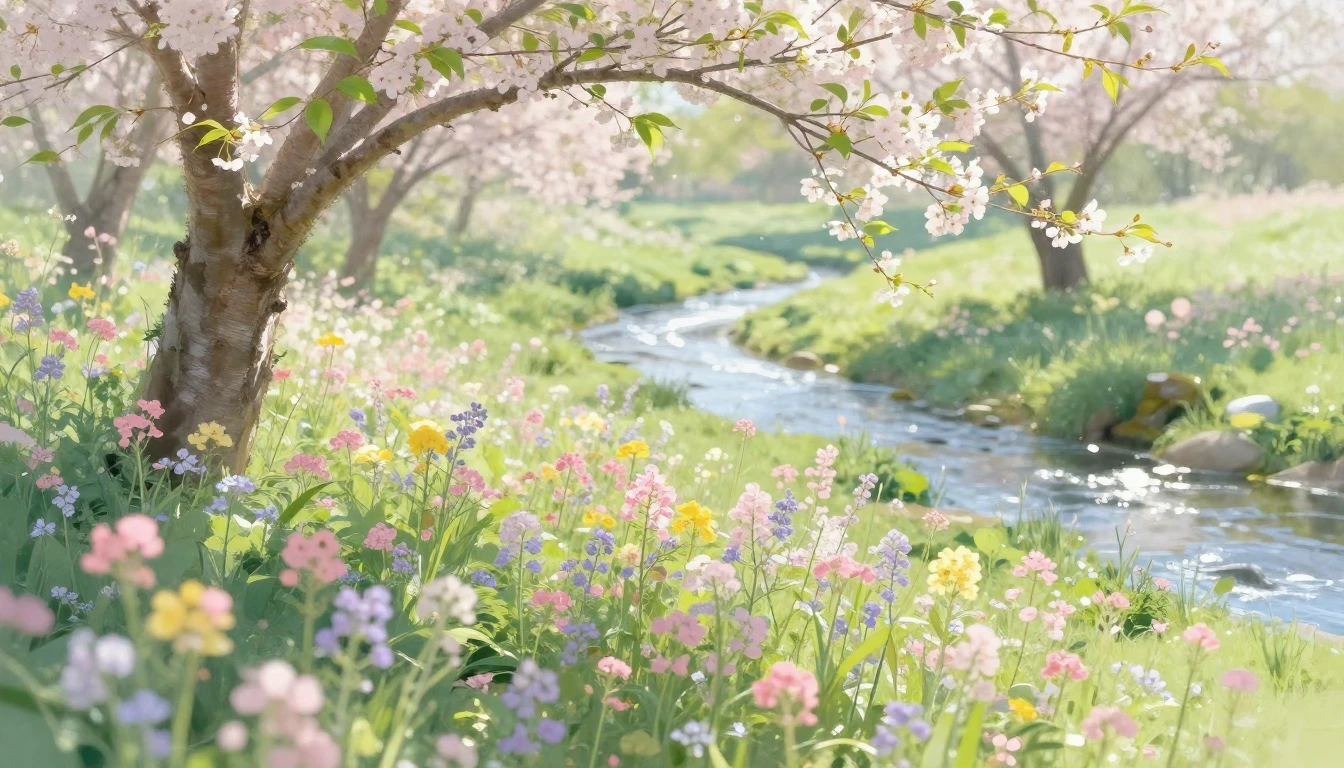 A lush meadow filled with blooming wildflowers in soft paste...