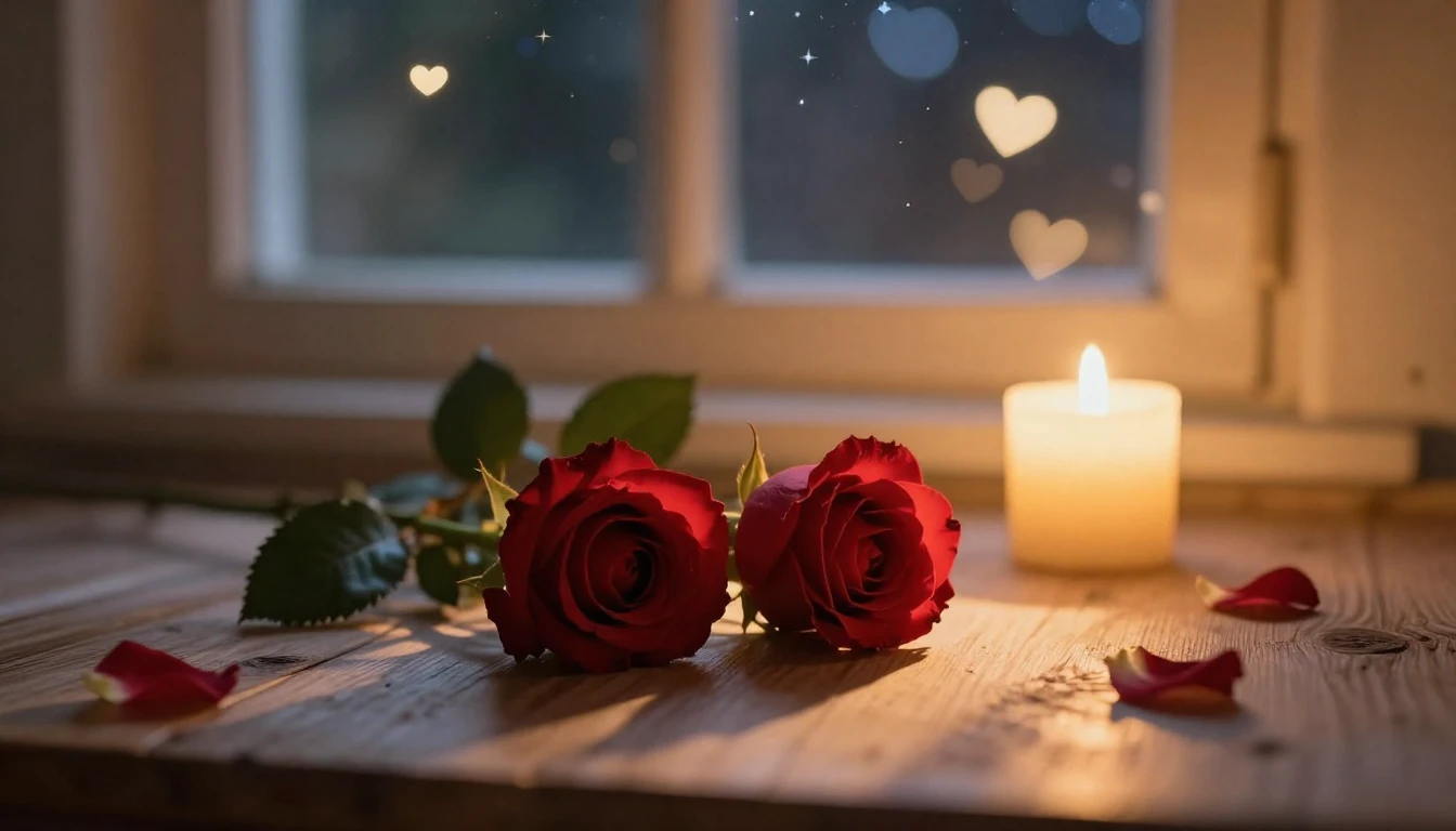 A soft and dreamy scene featuring two delicate red roses res...