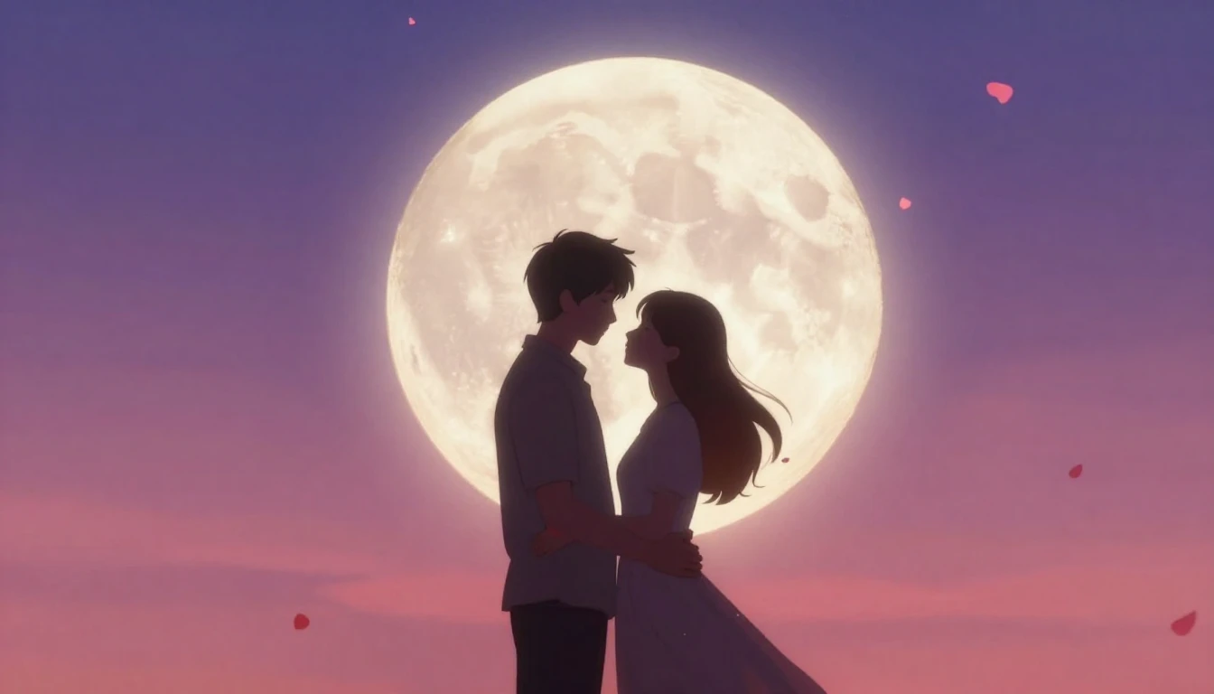 A romantic and soft composition featuring two silhouettes of...