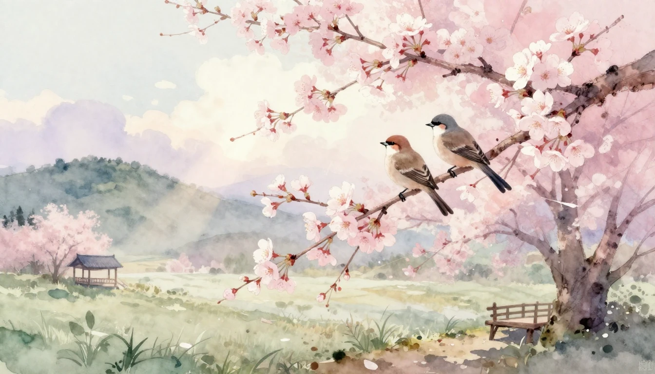 A delicate watercolor painting of a serene landscape in earl...
