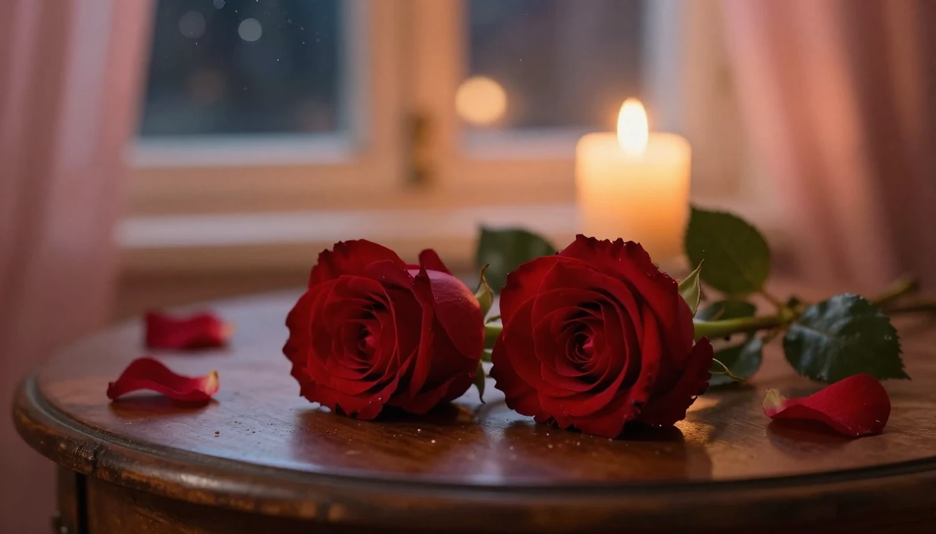 A dreamlike and romantic scene featuring two delicate red ro...