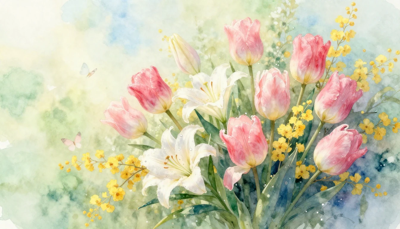 A delicate and vibrant watercolor painting of a lush bouquet...