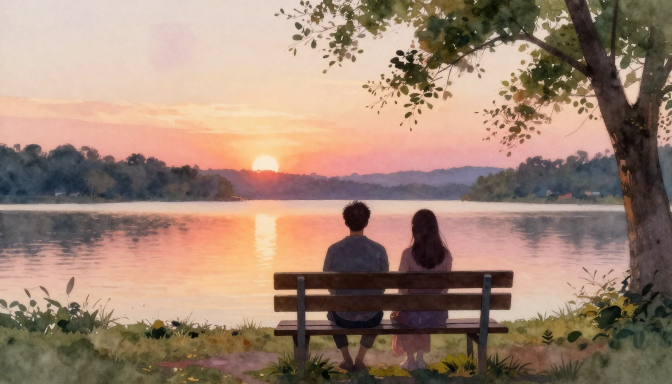 A beautiful watercolor painting depicting two silhouettes si...