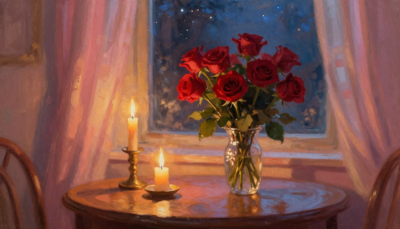 An impressionist painting of a cozy, candlelit room at dusk....