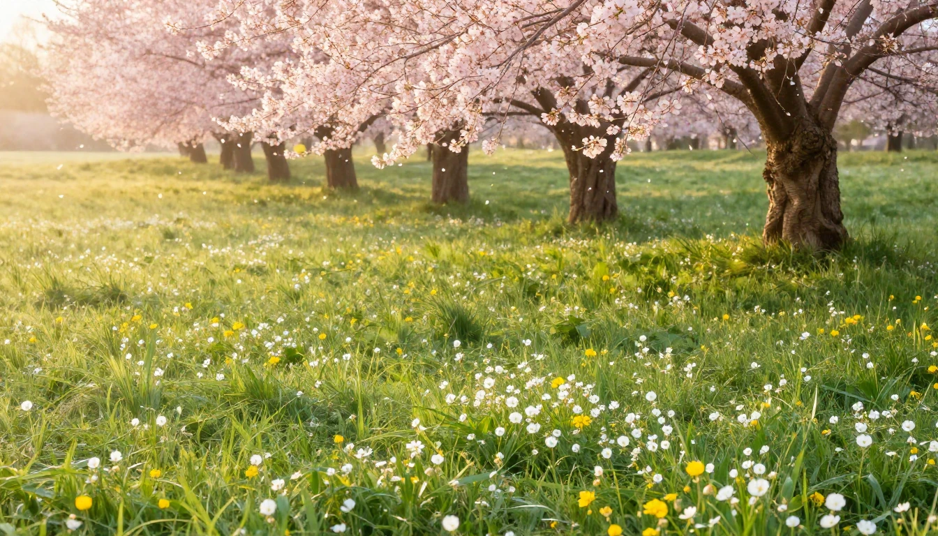 A vast, sun-drenched meadow transitioning from the last trac...