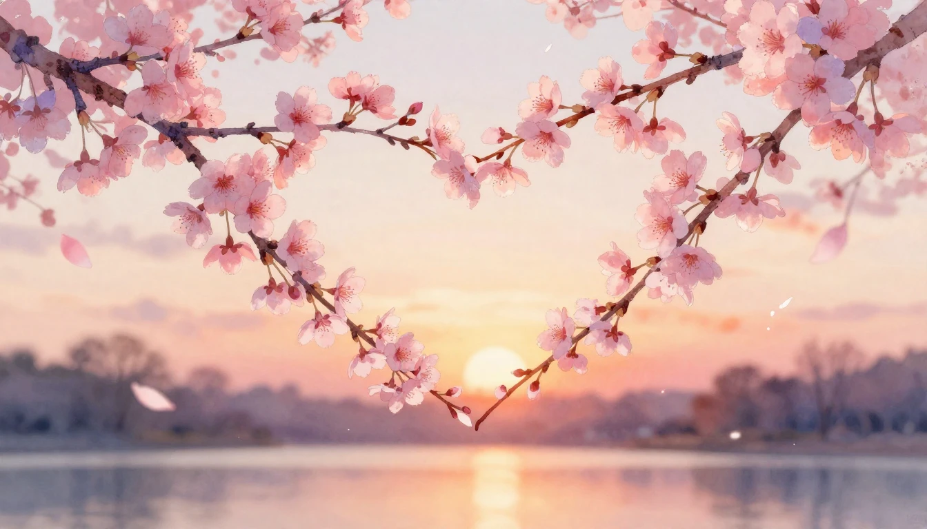 A delicate watercolor painting of two intertwined cherry blo...