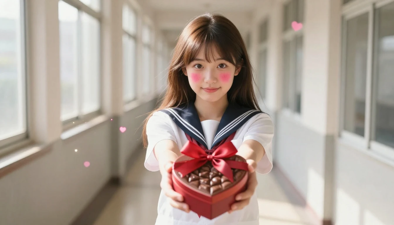 A cute teenage girl with long brown hair standing in a schoo...