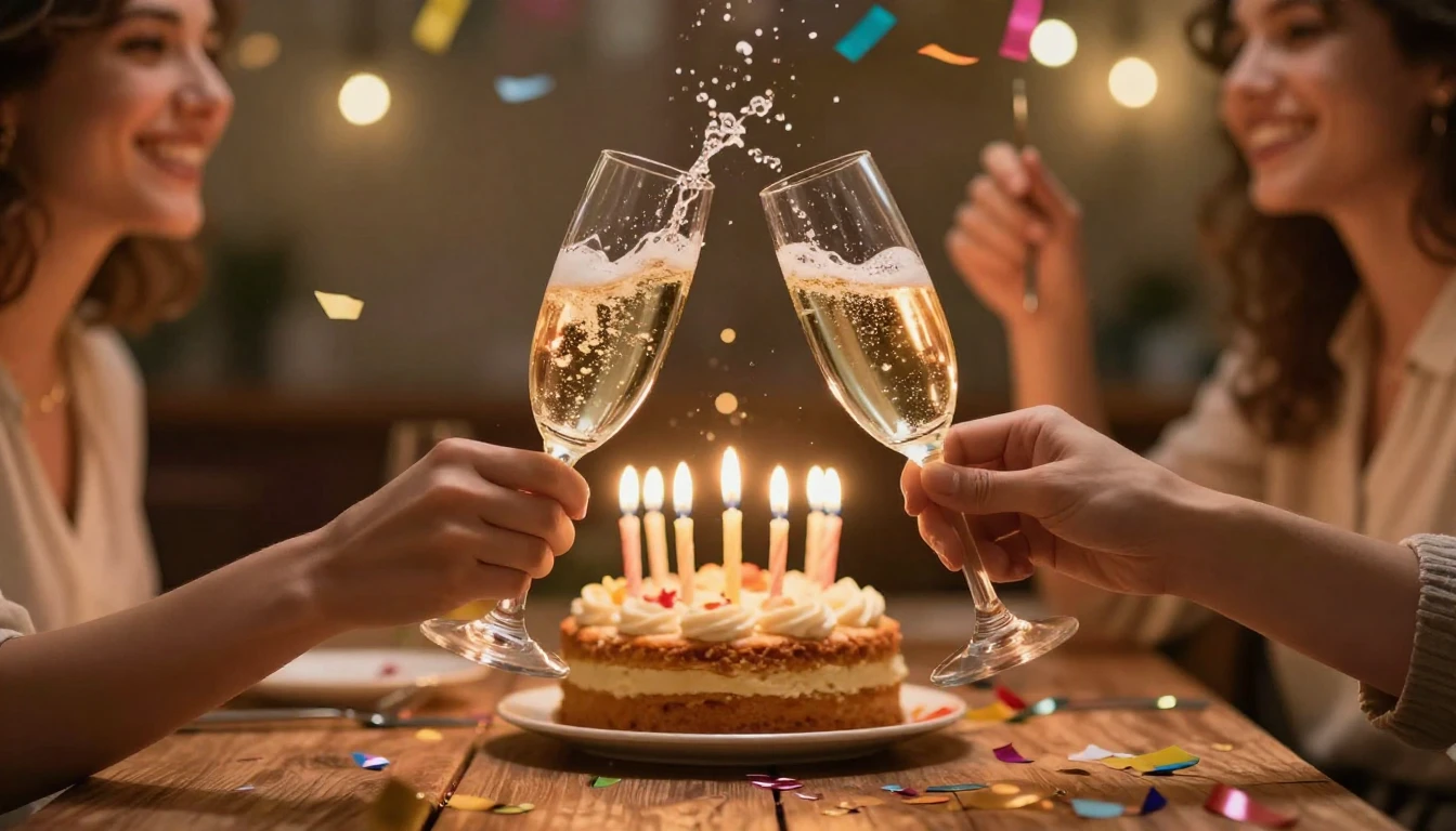 A vibrant and joyful scene celebrating a birthday. In the fo...