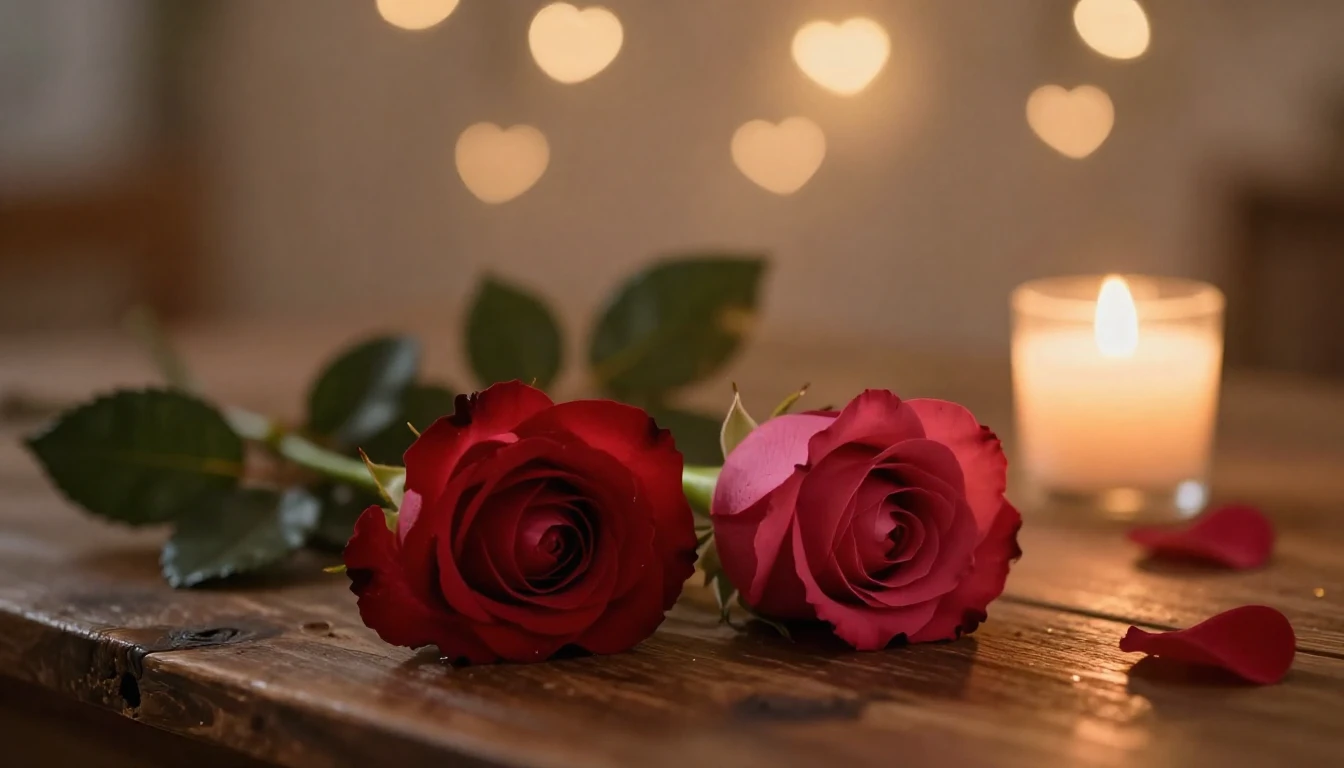 A soft and dreamy scene featuring two delicate red roses lyi...