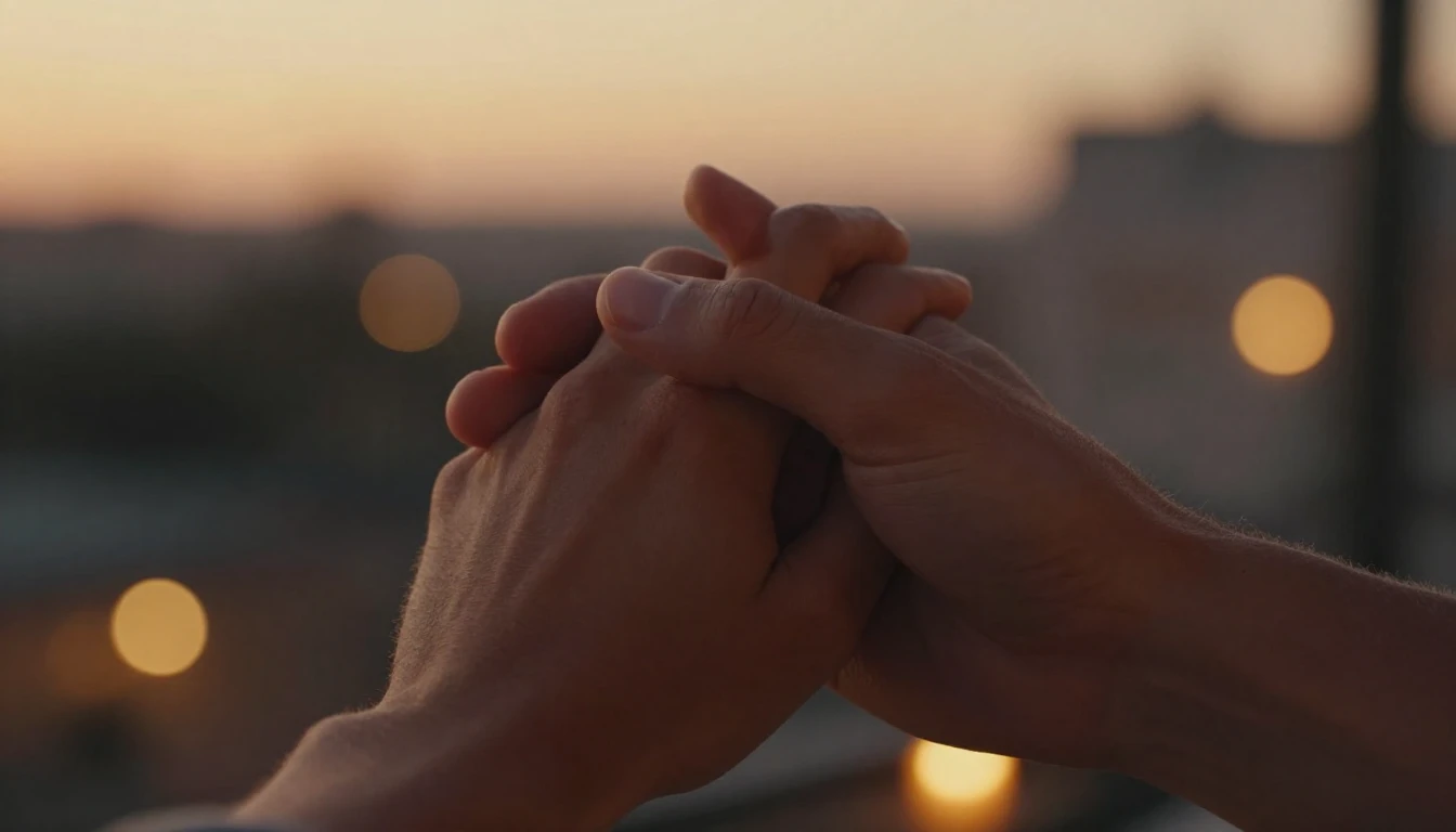 A close-up, cinematic shot of two hands gently holding each ...
