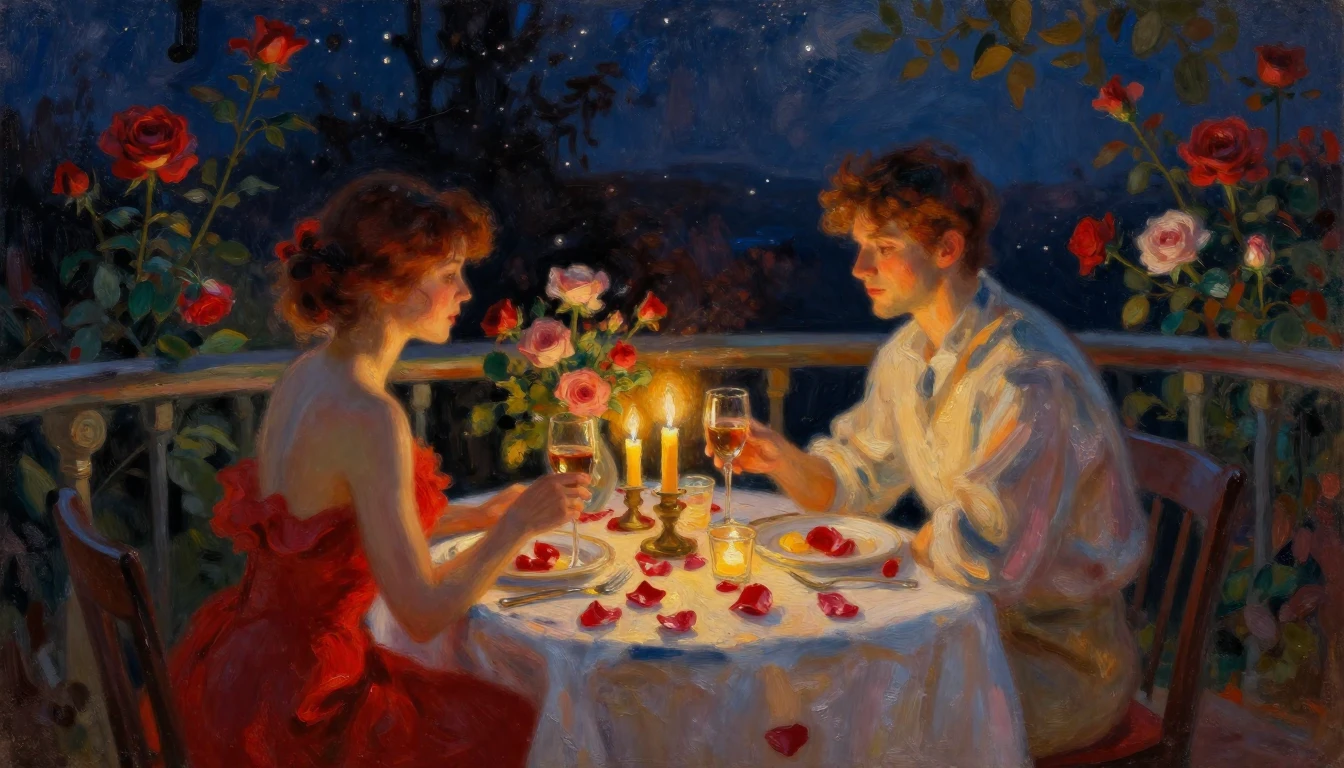 A beautiful impressionist oil painting of a candlelit dinner...