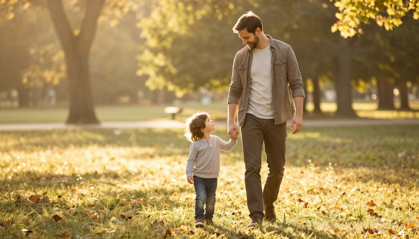 A heartwarming scene of a father and a young child walking h...