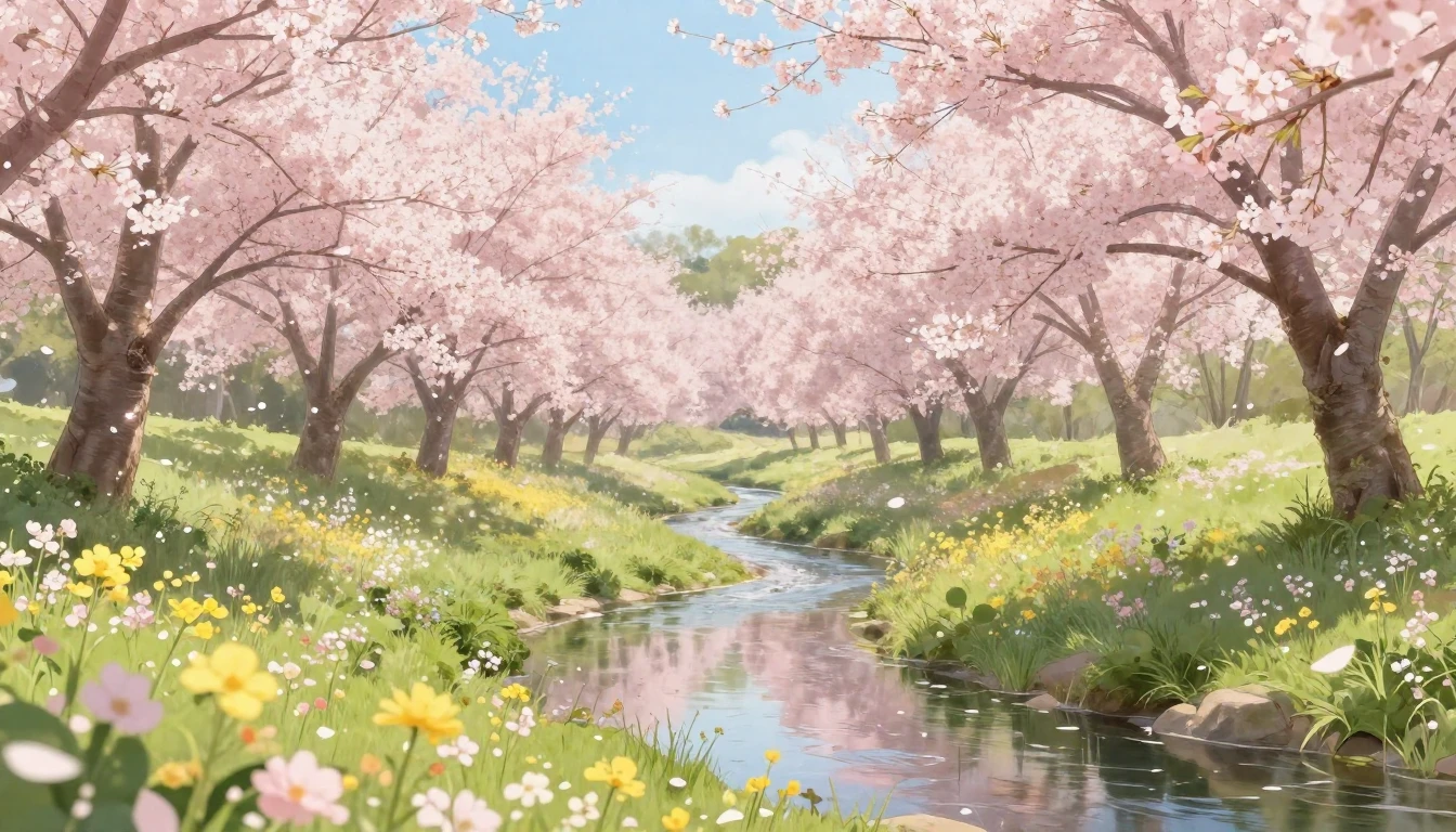 A serene landscape capturing the essence of spring. A lush m...