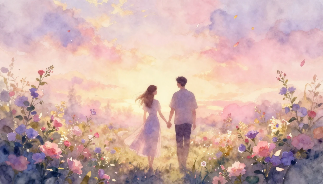 A dreamy and ethereal watercolor painting of two silhouettes...