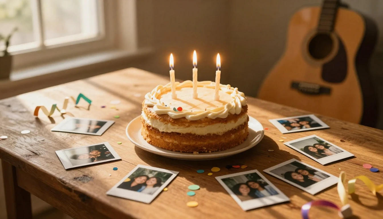 A warm and nostalgic scene on a rustic wooden table. In the ...