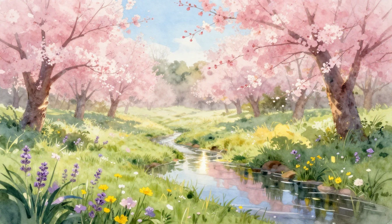 A breathtaking watercolor painting of a lush spring meadow a...