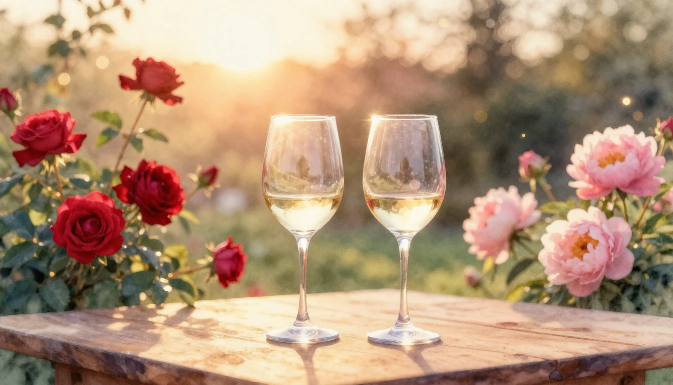 A soft watercolor painting of two elegant wine glasses sitti...