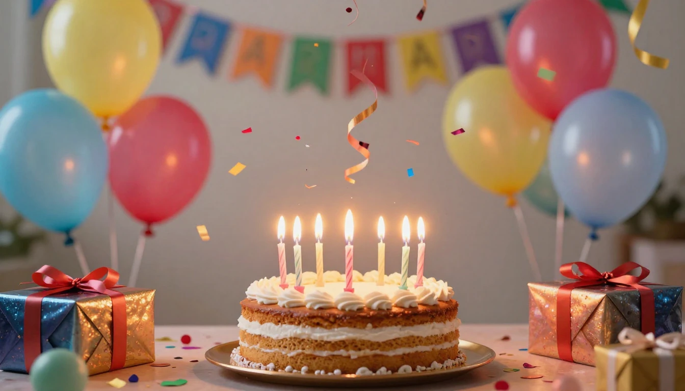 A vibrant and festive birthday celebration scene, centered a...