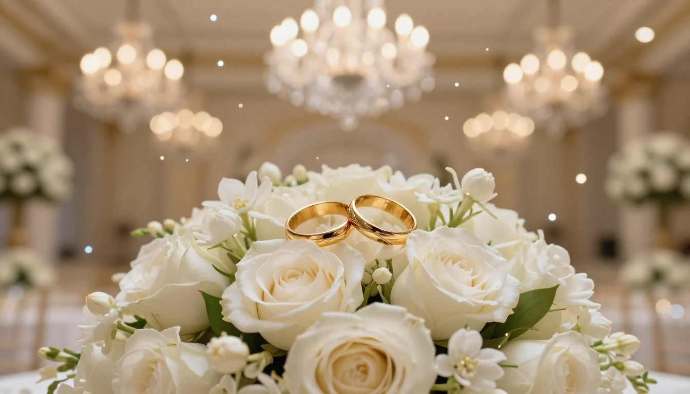 A cinematic close-up shot of a luxurious wedding celebration...