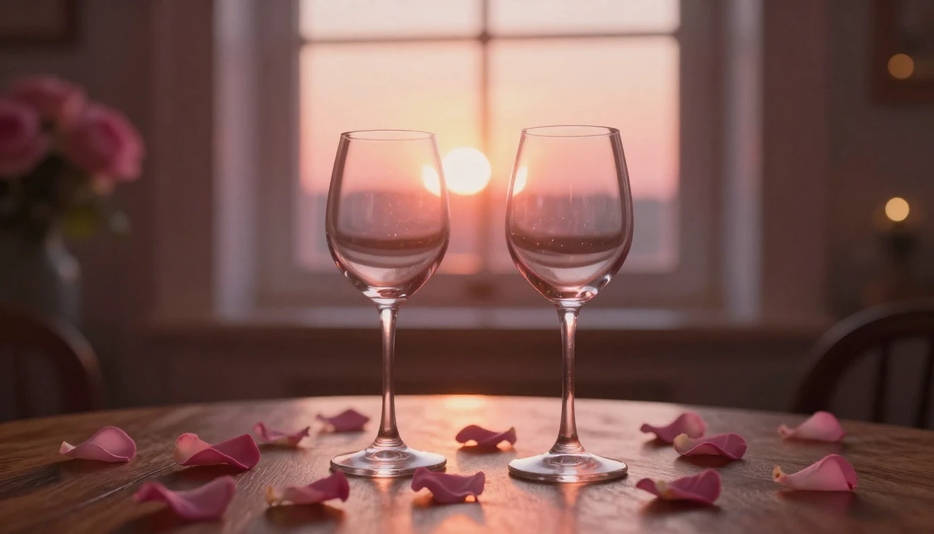 A beautiful and romantic scene featuring two elegant wine gl...